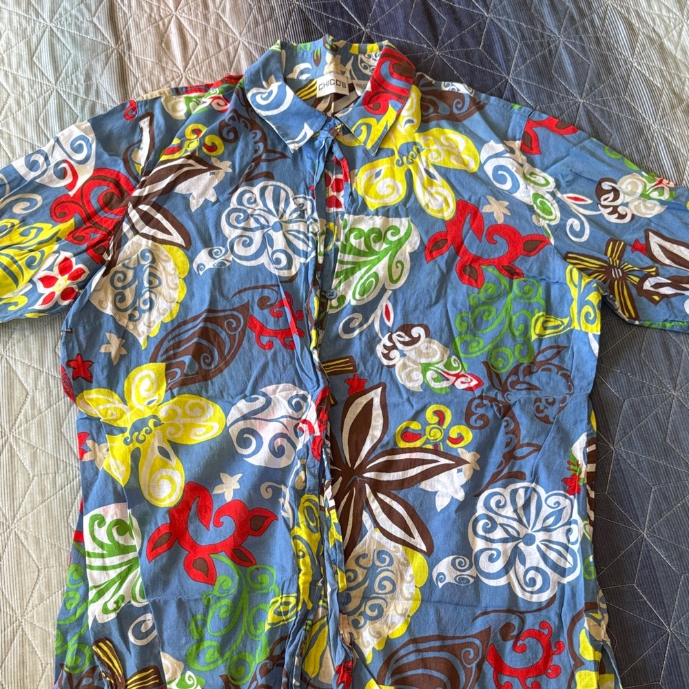 Chico’s Colorful Floral Button-Up Shirt with 3/4 sleeves